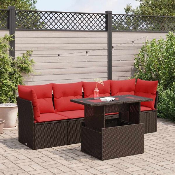vidaXL 5 Piece Patio Sofa Set with Cushions Brown Poly Rattan Acacia