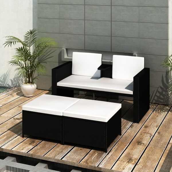 vidaXL Lounge Set Black and cream PE rattan, powder-coated steel, polyester