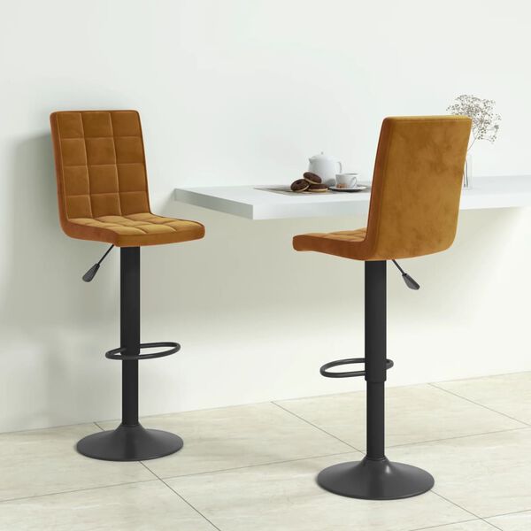 vidaXL Bar Stool Set of 2 Brown Velvet, Steel Height-Adjustable Swivel