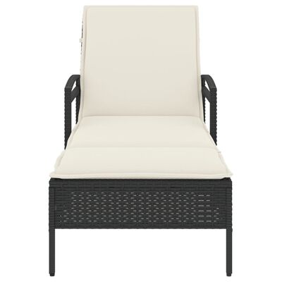 Front view of a cream cushioned outdoor chaise lounge with dark wicker frame