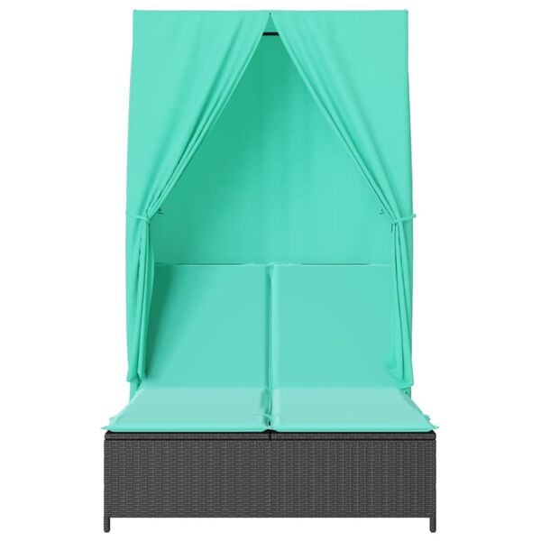vidaXL Double Sun Lounger with Roof and Curtains Black Poly Rattan