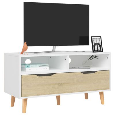 vidaXL TV Stand White and Sonoma Oak 35.4"x15.7"x19.1" Engineered Wood