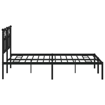 Metal bed frame with slatted base shown in side perspective, black finish.