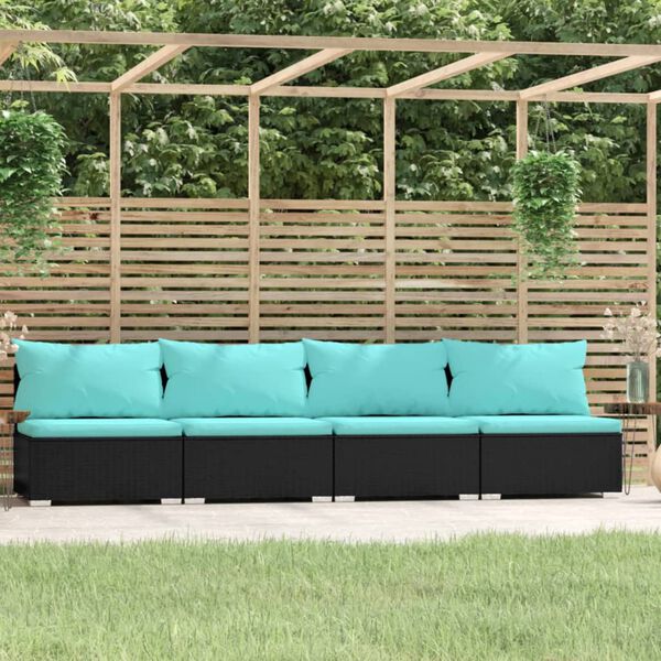 vidaXL 4-seater Sofa Black PE rattan, powder-coated steel, polyester