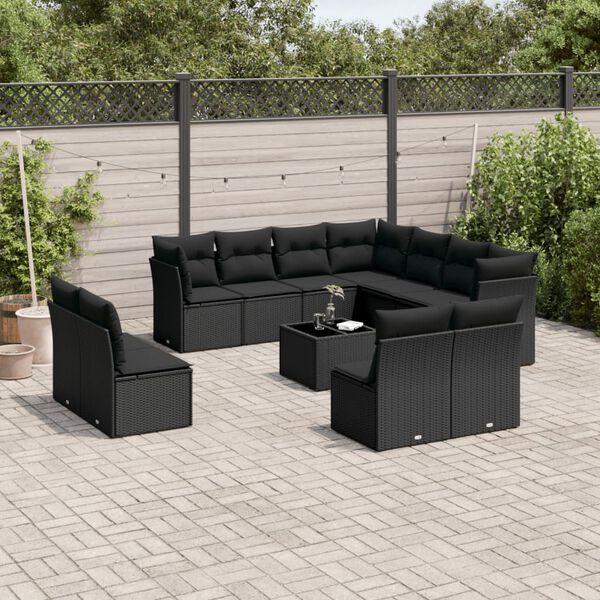 vidaXL Garden Sofa Set Black PE rattan, powder-coated steel, tempered glass