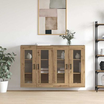 Wooden sideboard cabinet with glass doors showing shelves and decor items