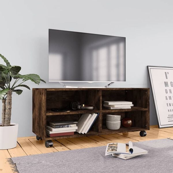 vidaXL TV Unit with Wheels Smoked Oak Engineered Wood 35.4x13.8x13.8 in