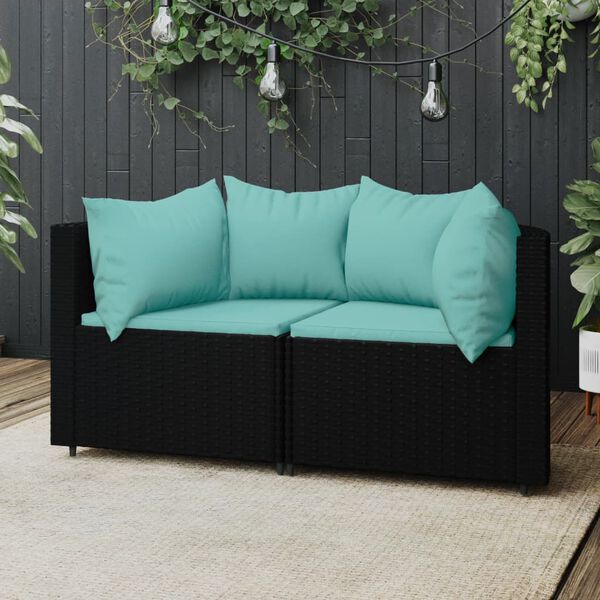 vidaXL Patio Corner Sofa Black with water blue cushions