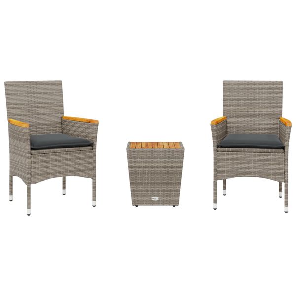 vidaXL 3 Piece Bistro Set with Cushions Grey Poly Rattan and Glass