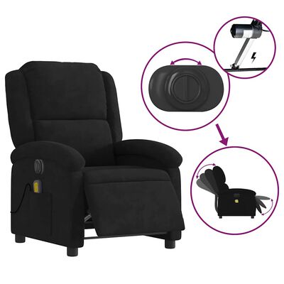 Black recliner chair with diagram highlights showing accessory storage pocket, proximity to USB/charging area, and reclining mechanism