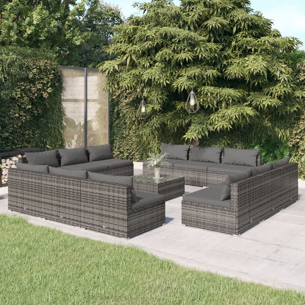 vidaXL Garden Lounge Set Grey PE Rattan, Powder-Coated Steel, Glass Large