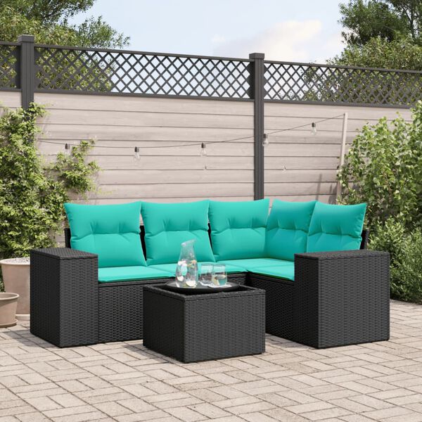 vidaXL 5 Piece Garden Sofa Set with Cushions Black Poly Rattan