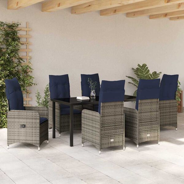 vidaXL Table and Chair Set with Cushion 7 pcs Grey PE Rattan