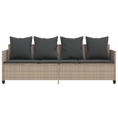 Full view of a long outdoor sofa with five gray back cushions and gray seat cushions.
