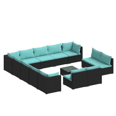 vidaXL 14 Piece Patio Lounge Set with Cushions Black Poly Rattan