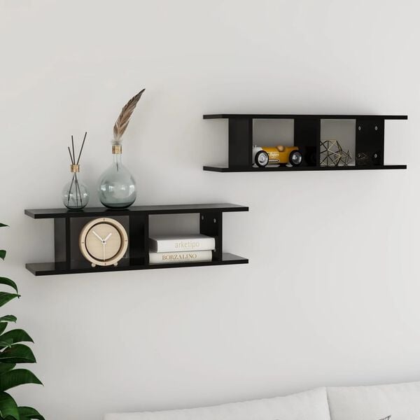 vidaXL Wall Shelf Set of 2 Black Engineered wood 29.5x7.1x7.9 in