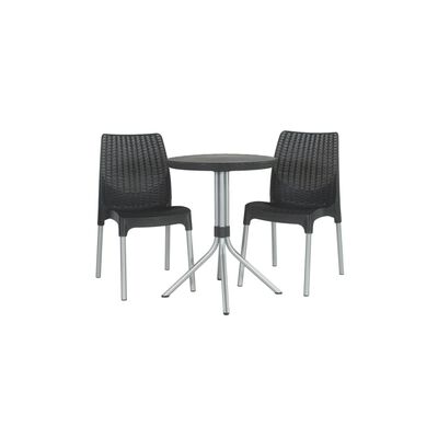 A black wicker-style patio table with two matching chairs on metal legs, forming a small dining set.