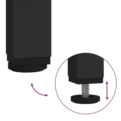 close-up showing adjustable feet on a black furniture leg.