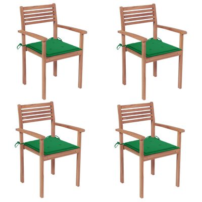 vidaXL Patio Chairs 4 pcs with Green Cushions Solid Teak Wood