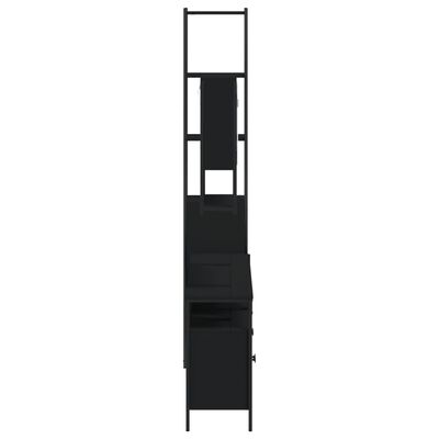 Tall narrow bathroom cabinet with multiple compartments and a small drawer at bottom.