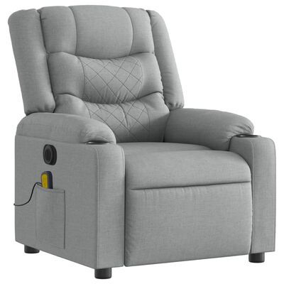 Grey fabric recliner chair with side pocket and yellow/blue control module