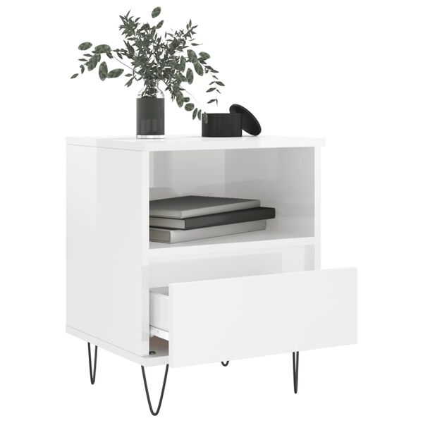vidaXL Bedside Cabinet High gloss white Engineered wood, metal Small