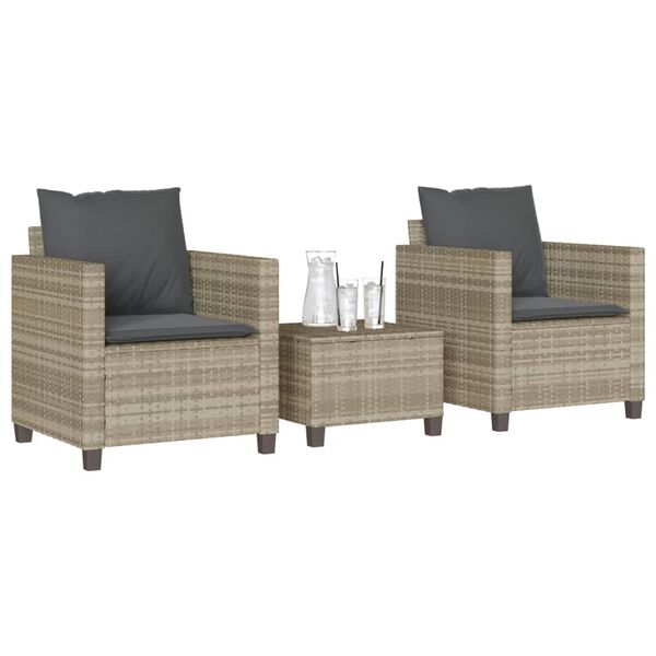 vidaXL 3 Piece Bistro Set with Cushions Light Grey Poly Rattan