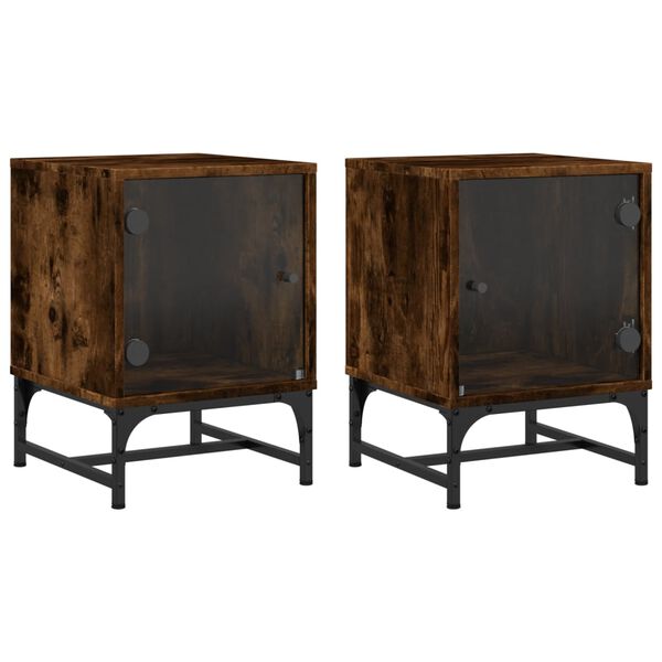 vidaXL Bedside Cabinet Set of 2 Smoked oak Engineered wood, glass, steel