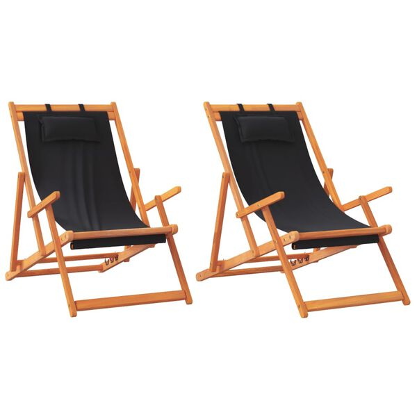 vidaXL Folding Beach Chair Set of 2 Black Solid eucalyptus wood Standard