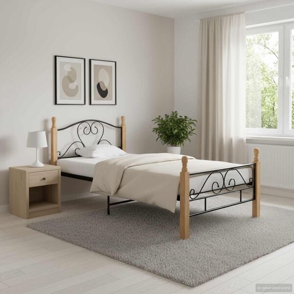 vidaXL Bed Frame Black and natural Powder-coated metal, solid oak wood
