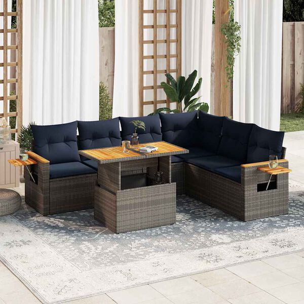 vidaXL 7 Piece Patio Sofa Set with Cushions Gray Poly Rattan Acacia