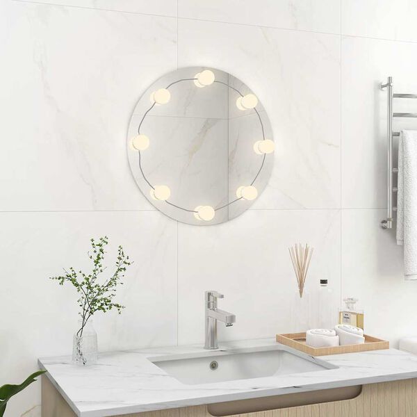 vidaXL Wall Mirror With LED Light Silver Glass, Plastic 19.7 in Diameter