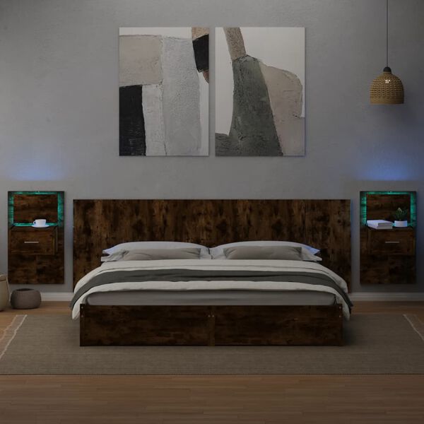 vidaXL Bed Headboard With Cabinet Smoked oak Engineered wood Large
