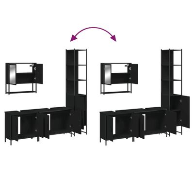 Collage showing multiple pieces of a black bathroom cabinet system that can be arranged.