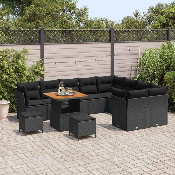 vidaXL Garden Sofa Set Height-Adjustable 12 pcs Black Poly Rattan