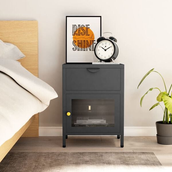 vidaXL Nightstand Anthracite Steel, Tempered Glass 15.7 x 11.8 x 21.5 in