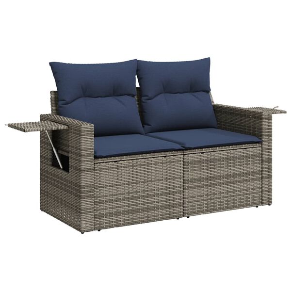 vidaXL Patio Sofa with Cushions 2-Seater Gray Poly Rattan