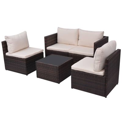 Brown wicker patio set with sofa, two armchairs, and a small matching table with black glass top