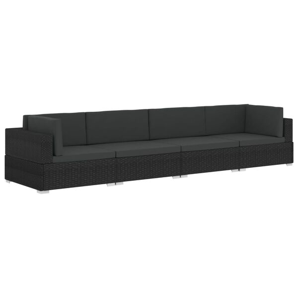 vidaXL Sofa Set Black Poly Rattan, Powder-Coated Steel, Polyester Large