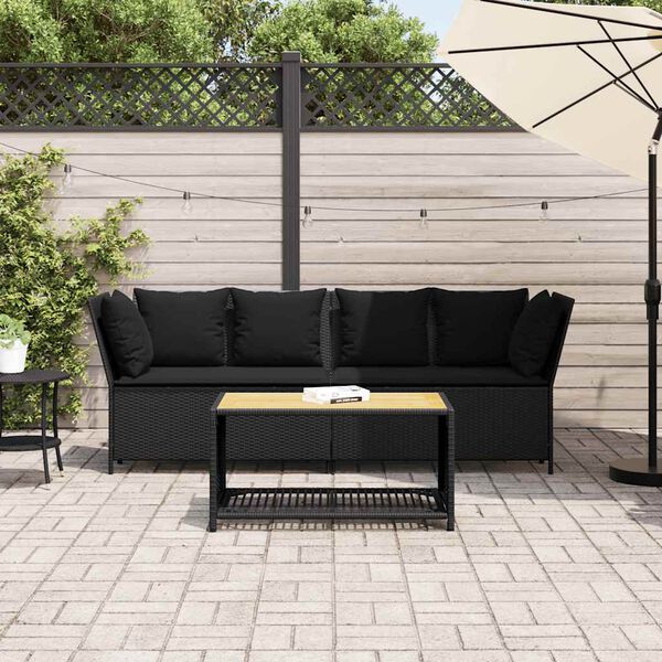 vidaXL Patio Sofa with Cushions Black Poly Rattan