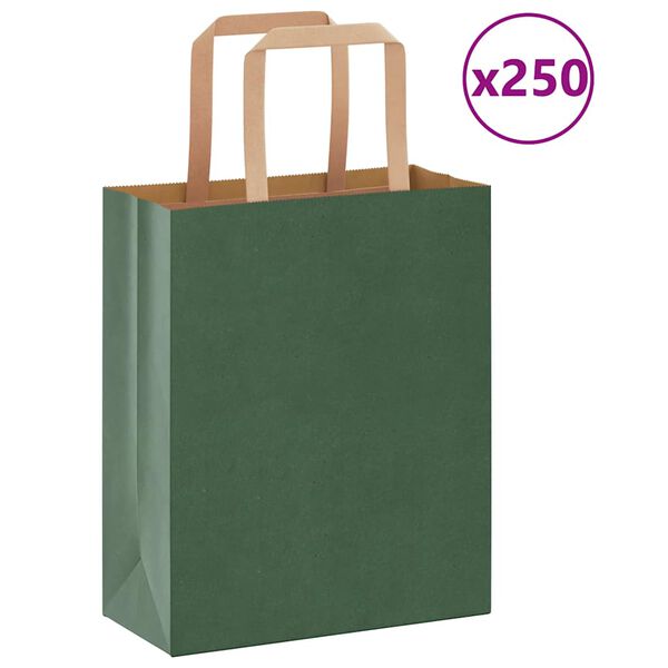 vidaXL Paper Bags 250 pcs with Handles Green 18x8x22 cm