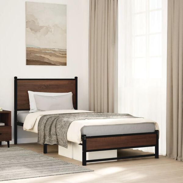 vidaXL Bed Frame Brown Oak Steel, Engineered Wood Twin Bed Frame