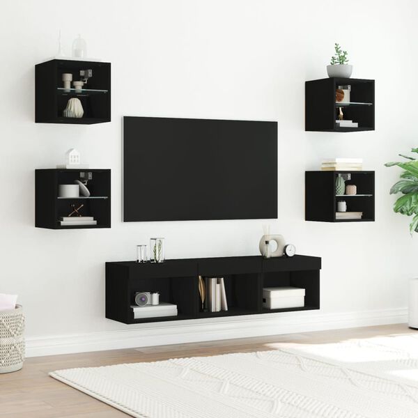 vidaXL TV Wall Unit Set of 7 Black Engineered Wood, Glass Large