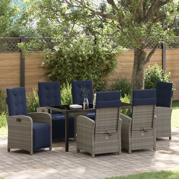 vidaXL Garden Dining Set with Cushion 7 pcs Grey Poly Rattan