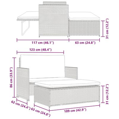 Technical dimensions illustration showing overall bed/lounge dimensions for the outdoor set.