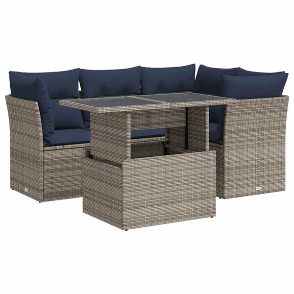 vidaXL 5 Piece Patio Sofa Set with Cushions Gray Poly Rattan Acacia