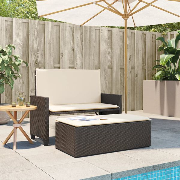 vidaXL Patio Bench with Cushions and Footstool Brown Poly Rattan