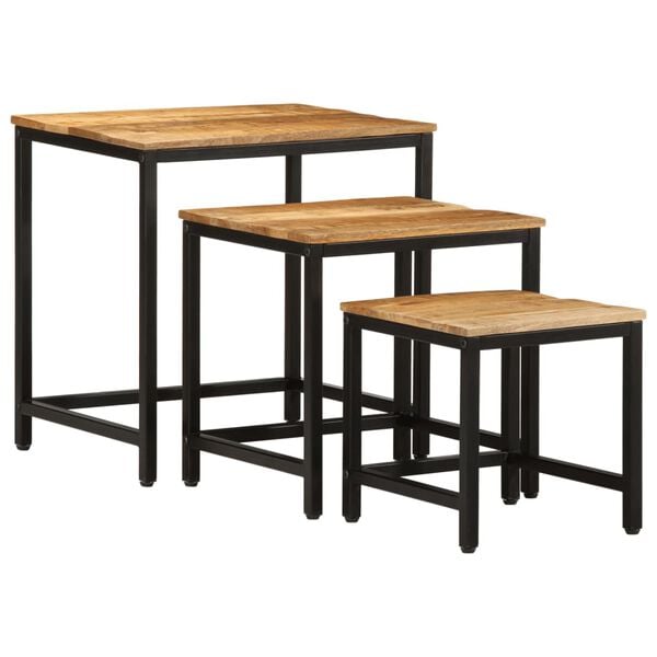 vidaXL Nesting Side Table Natural wood, black Solid mango wood, iron