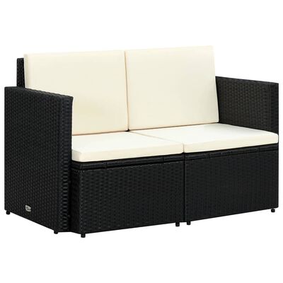 vidaXL 2 Seater Patio Sofa with Cushions Black Poly Rattan