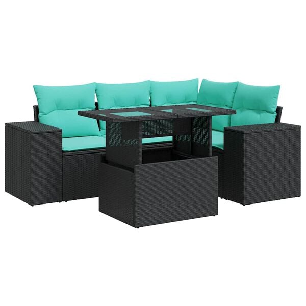 vidaXL 5 Piece Patio Sofa Set with Cushions Black Poly Rattan Acacia